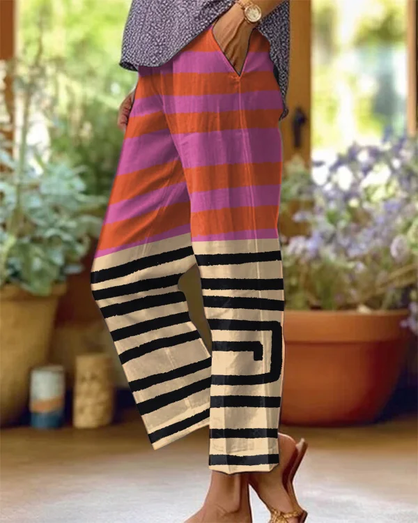 Vintage Abstract Geometric Art Print Loose Cotton and Linen Casual Pants
