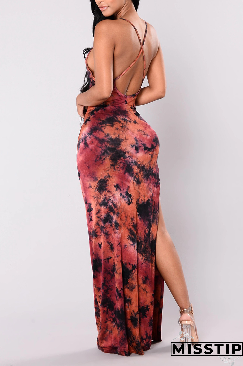 Blue Sexy Print High Opening Spaghetti Strap Irregular Dress Dresses