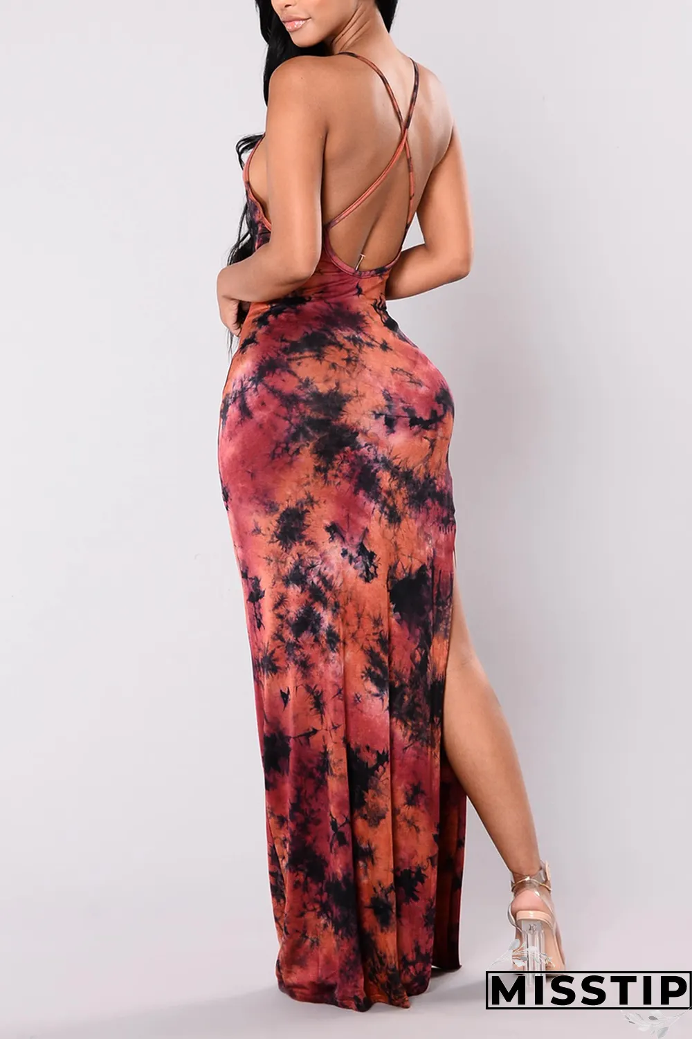 Blue Sexy Print High Opening Spaghetti Strap Irregular Dress Dresses