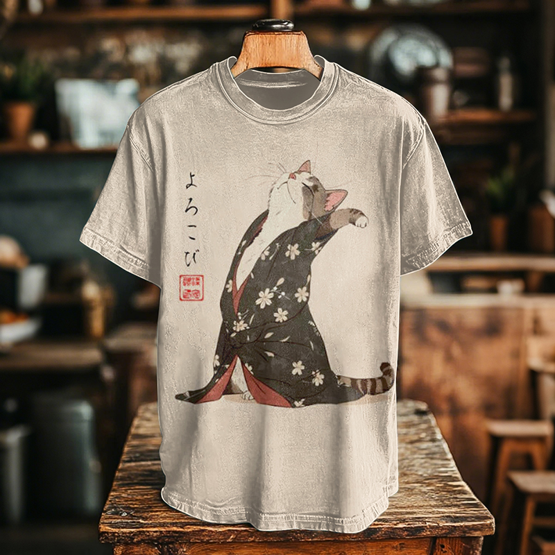 Men's Retro Japanese Cat Hoji Dancing Cat  Art Print T-shirt elevenforest