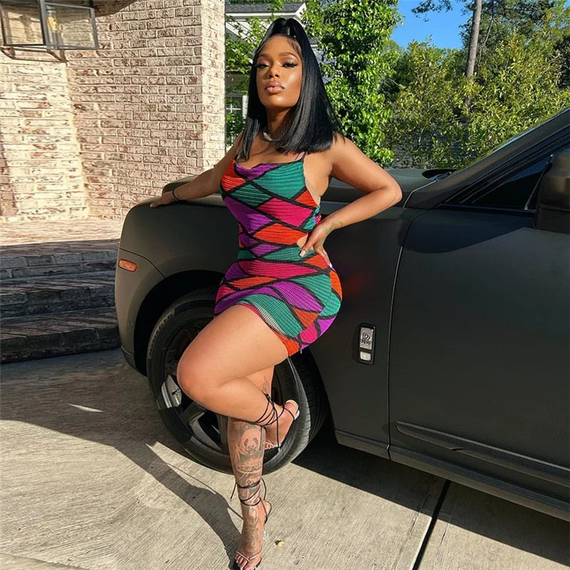 BIIKPIIK Elegant Net Backless Lace Up Short Dress Female Geometric Print Stitching Slim Vintage Dresses Women Sexy Beach Clothes