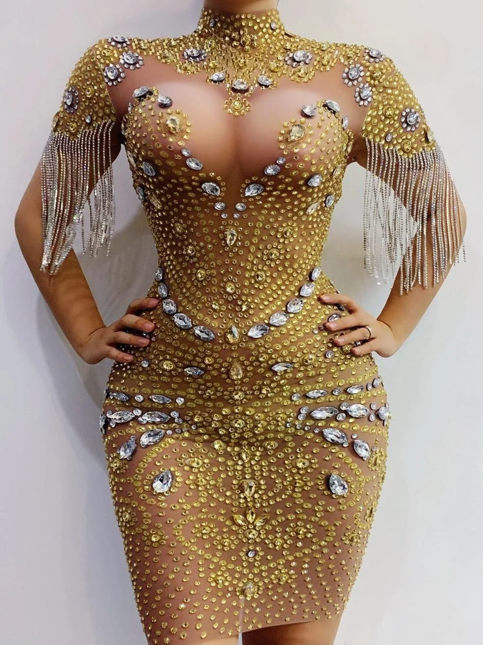 Fringe sleeve sexy slinky rhinestone dress-zachics