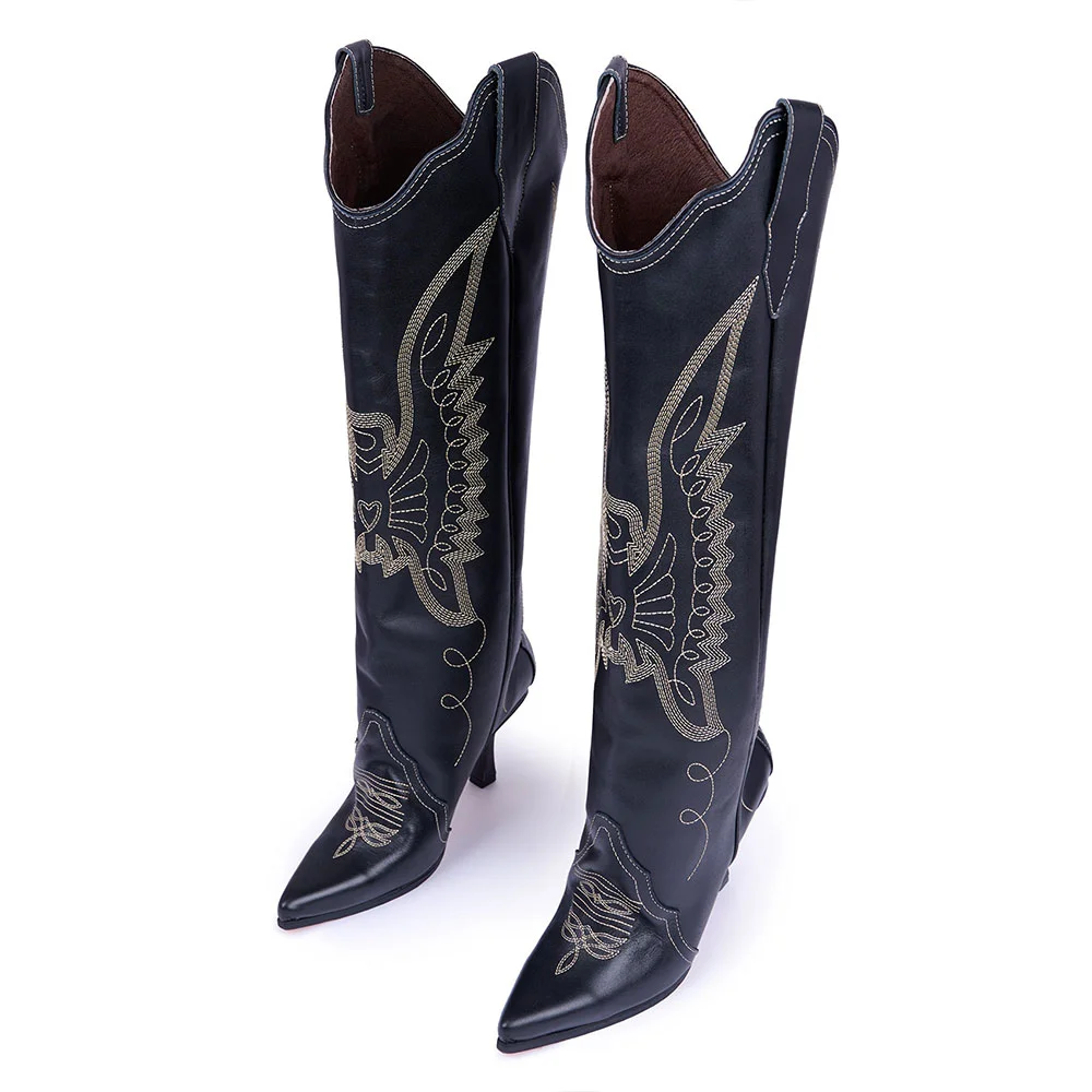 Black Pointed Toe Embroidered Flared Heel Knee-High Cowgirl Boots