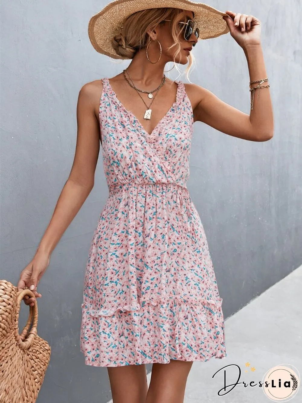 New Spring/summer V-neck Lace Ruffled Floral Sling Dress Rustic And Comfortable Ladies Chiffon Skirt Dresses For Women Dresses