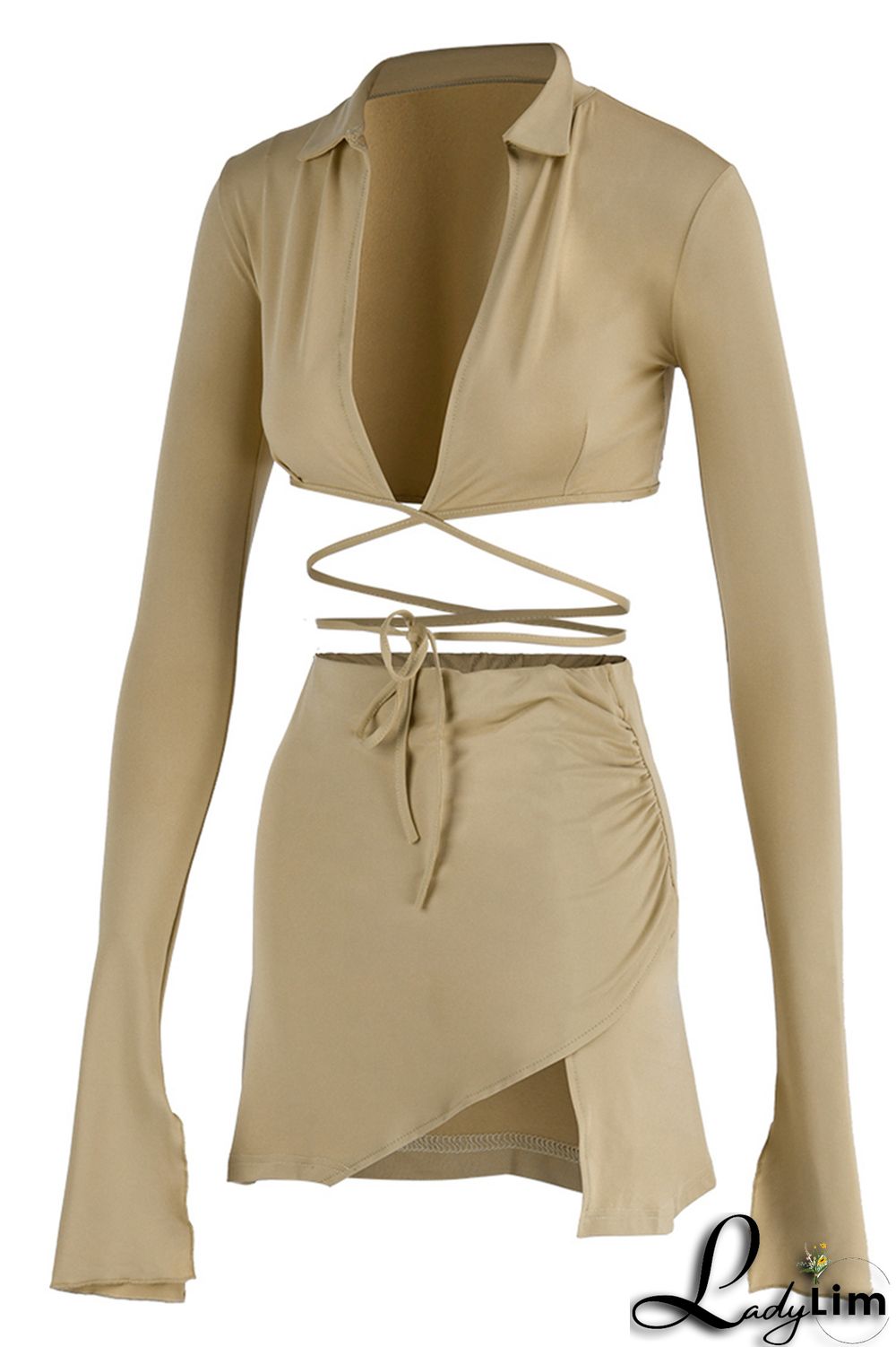 Yellow Fashion Sexy Solid Bandage Slit V Neck Long Sleeve Two Pieces