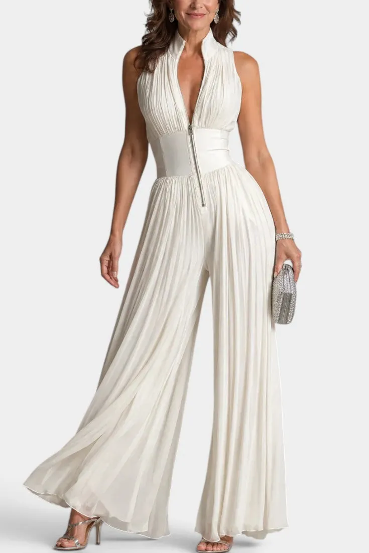 Structured Pleated Halter Jumpsuit with Belt
