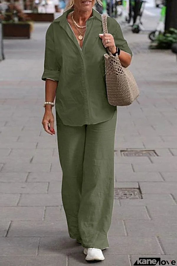 Two Piece Set Lapel Long-Sleeved Shirt Casual Solid Color Wide-Leg Pants Suit