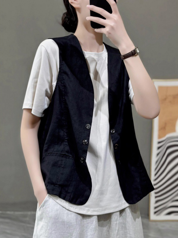 Sleeveless V Neck Button Up Casual Linen Vest