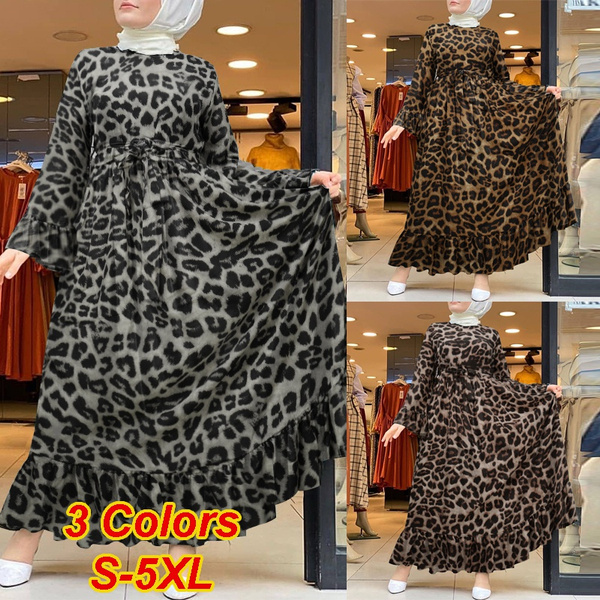Women Muslim Dubai Islam Kaftan Flota Robe Leopar Printed Baggy Ruffle Hem Elegant Maxi Dress