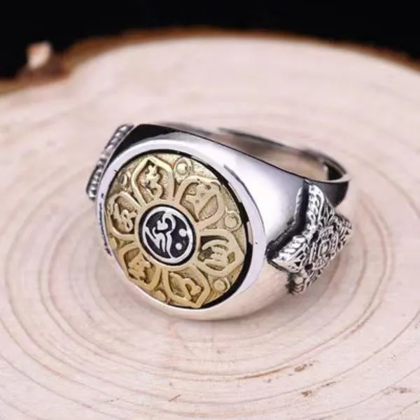 Sterling Silver Rotatable Six Character Good Luck Ring