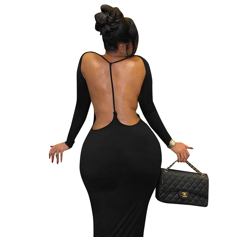 Uveng Uveng Ins Solid Fashion Bag Dress Rounded Backed Long Sleeved Sexy Dress