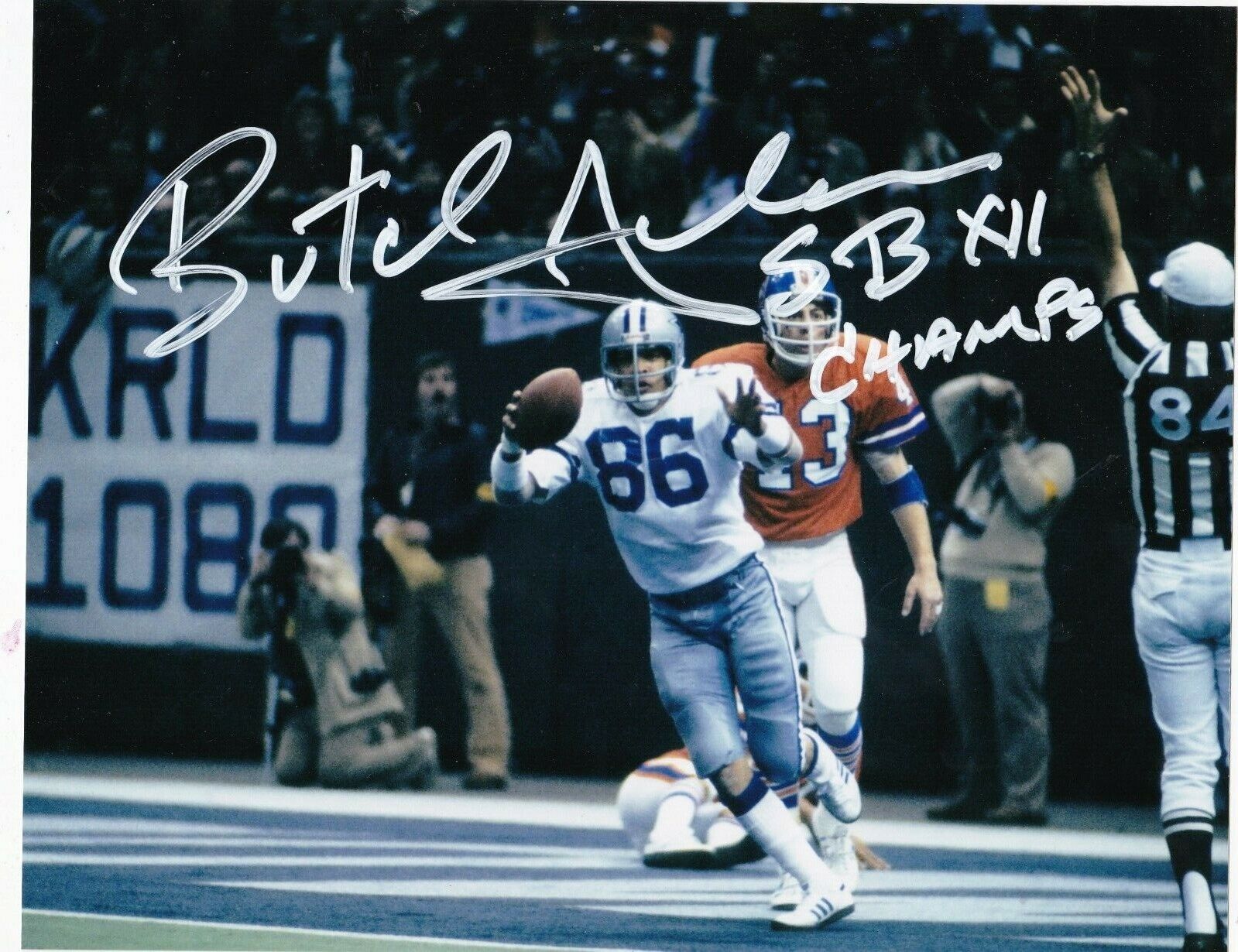 BUTCH JOHNSON DALLAS COWBOYS SB XII CHAMPS ACTION SIGNED 8x10 Photo Poster painting