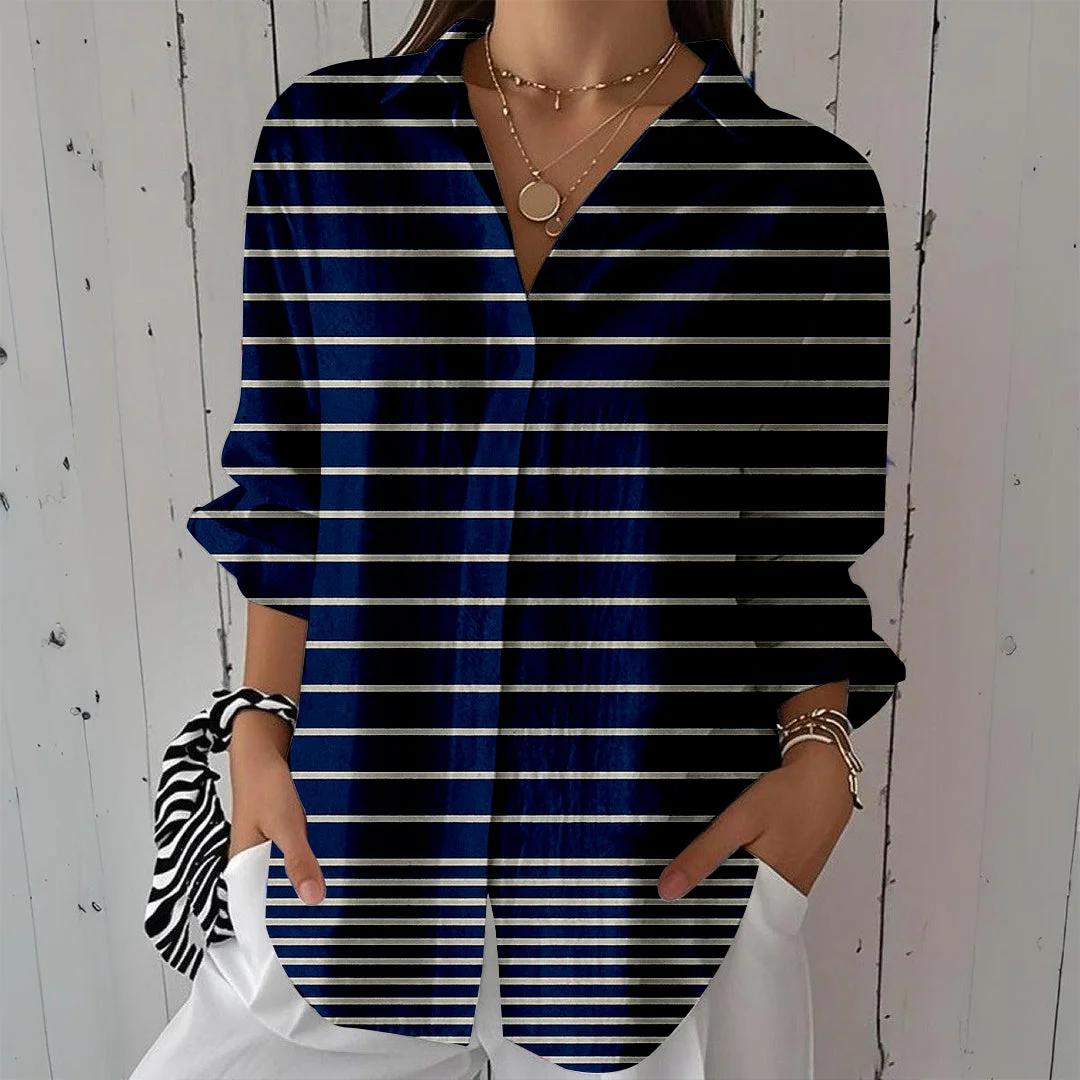 Style & Comfort for Mature Women Women Stripes,Geometric,Blue DZCL0297 3/4 Sleeve Shirt Collar Printed Button Tops