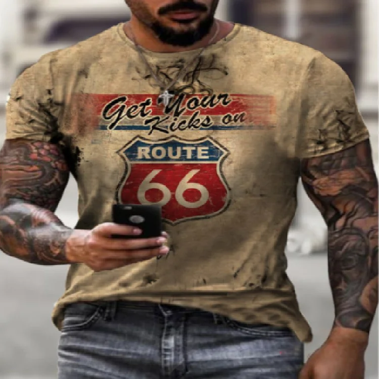 Casual 66 Digital Printed Short-Sleeved T-Shirt with Loose Collar