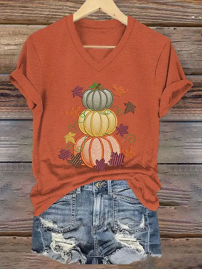 Women's Thanksgiving Pumpkin Maple Leaves  Printed Tee 