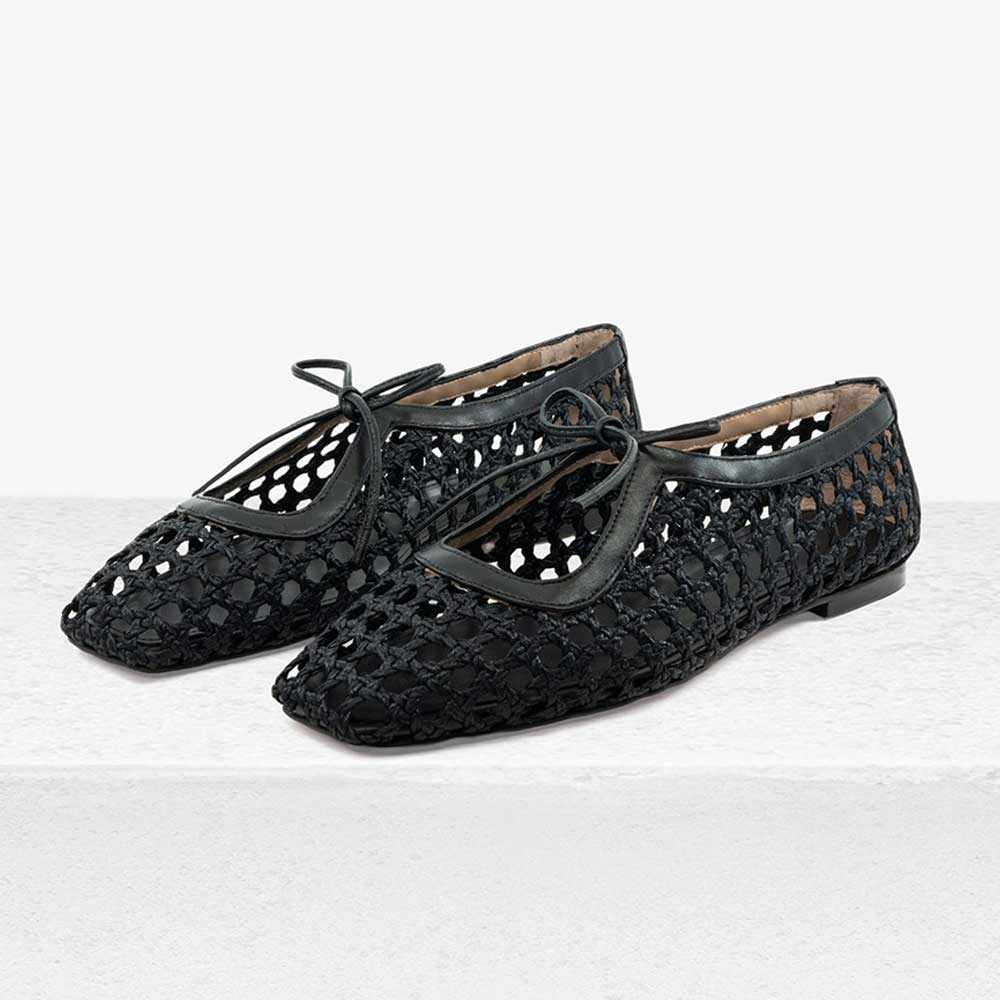 Black Square Toe Woven Hollow Out Lace Up Flat Shoes for Women Nicepairs