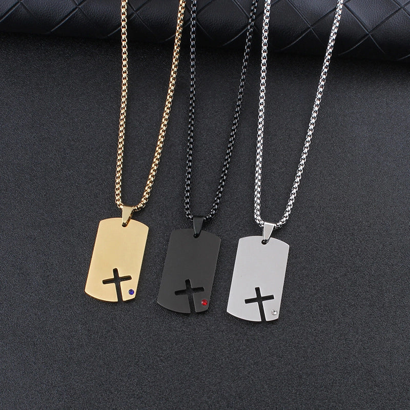 Minimalist Cross 201 Stainless Steel Plating Hollow Out Inlay Zircon Unisex Pendant Necklace Men Pendant Necklaces
