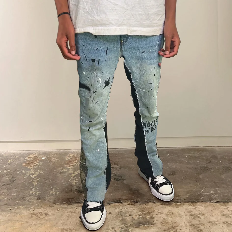 Stylish street style contrast patchwork jeans