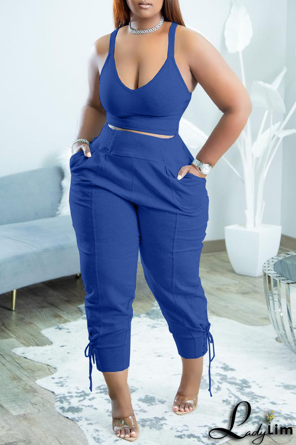 Grey Sexy Solid Patchwork V Neck Plus Size Two Pieces