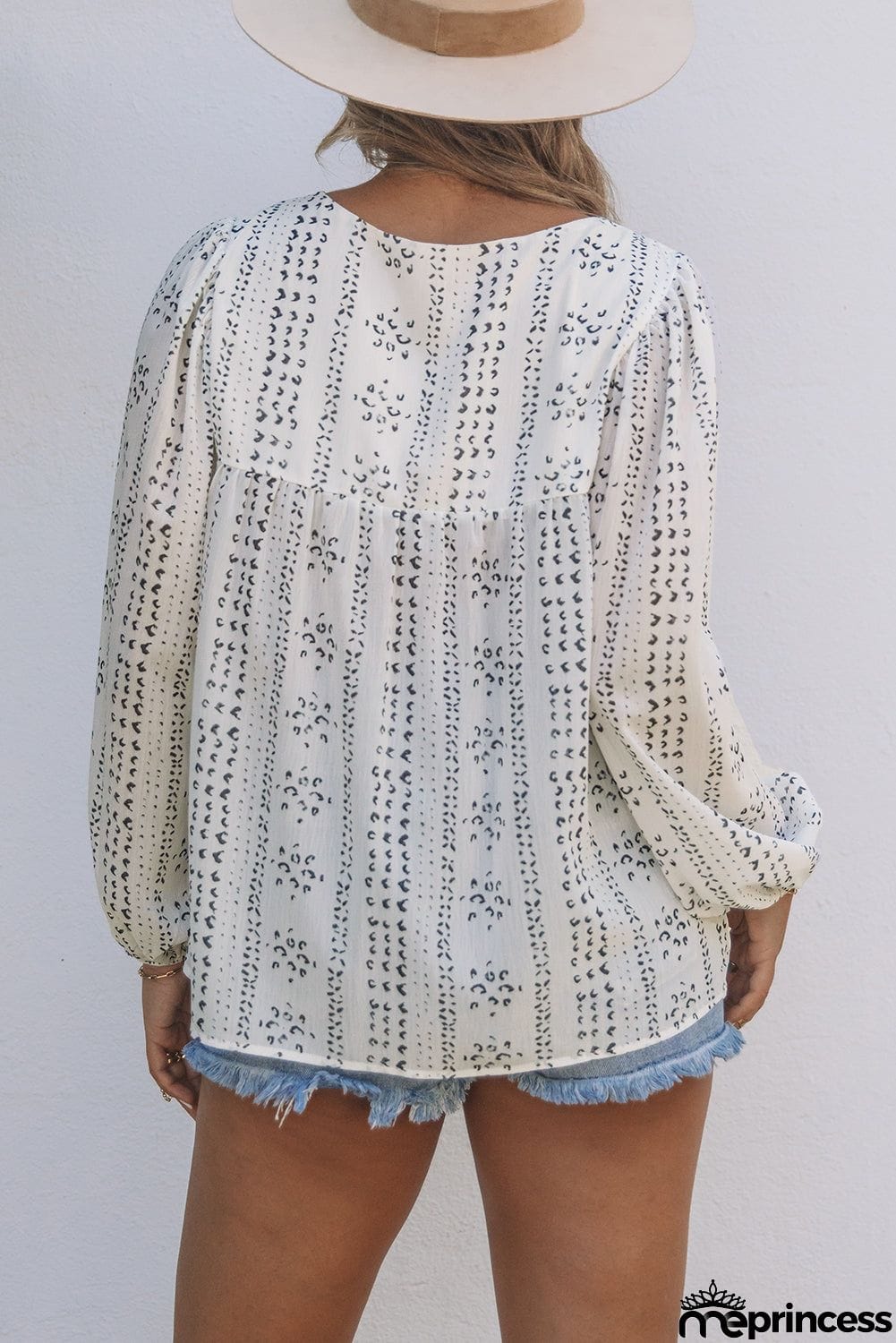 Beige Long Sleeve Embroidered Print Blouse