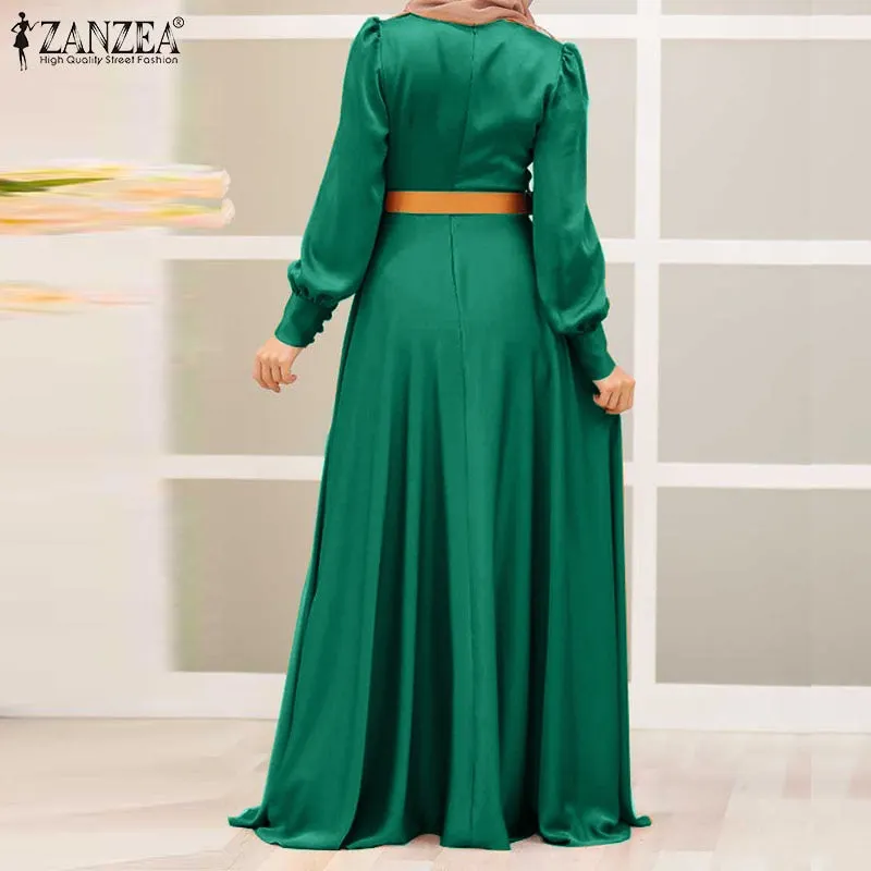ZANZEA Women Long Sleeve Satin Maxi Dress Jilbab Islamic Clothing Caftan Marocain Eid Mubarek Dubai Turkey Abaya Hijab Dress