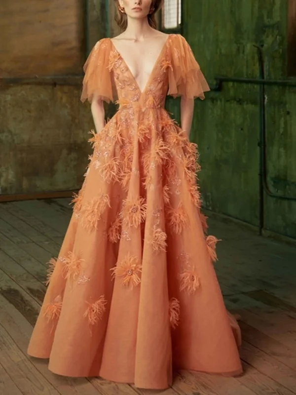 V-neck Solid Color Mesh Maxi Dress