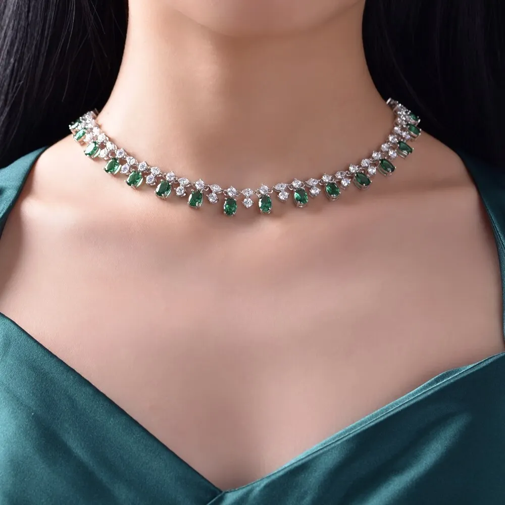 Bohemia 925 Sterling Silver 5*7MM Pear Created Moissanite Emerald Gemstone Chain Necklace For Women Fine Jewelry Gift