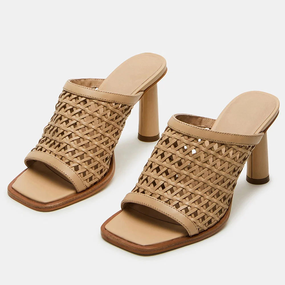 Nude Vegan Leather Woven Cylinder Heel Open Toe Slide Sandals