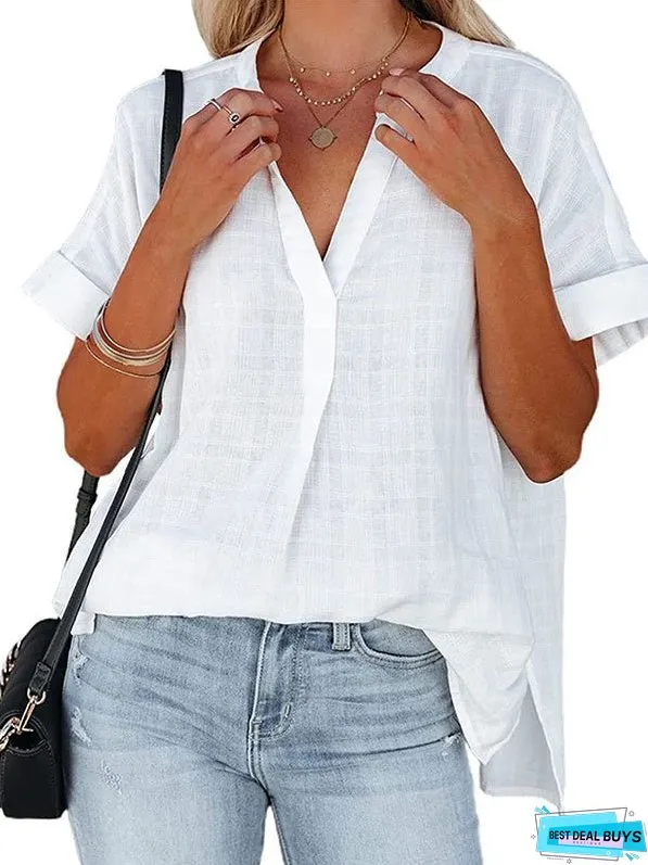 V-Neck Short Sleeve Striped Thin Loose Check Shirt