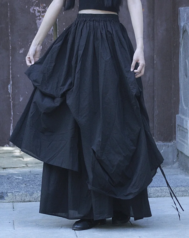 Dark Style Drawstring Pleated Elastic Waist Skirt