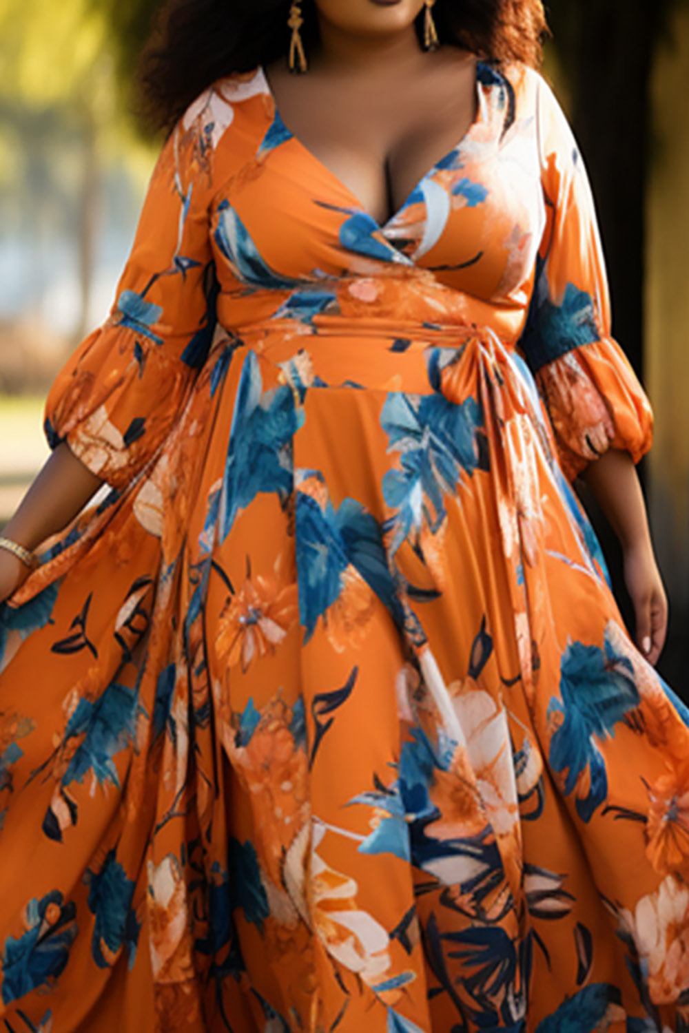 Design Plus Size Vacation Orange Floral Wrap Neck Lantern Sleeve 3/4 Sleeve Maxi Dresses [Pre-Order]