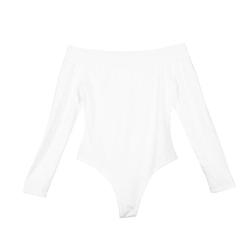 Sexy Bodycon Bodysuit Long Sleeve Square Neck Sheath Open Crotch Basic White Black Overalls Women Skinny Body Top