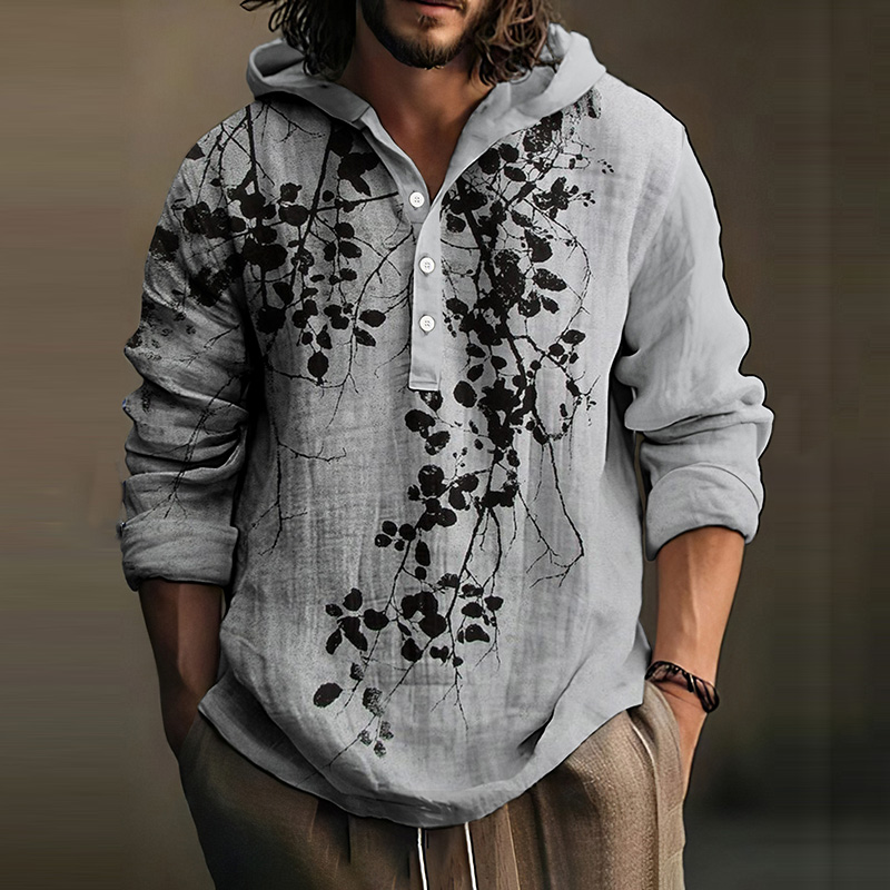 Comstylish Men's Japanese Art Leaf Casual Hooded Shirt