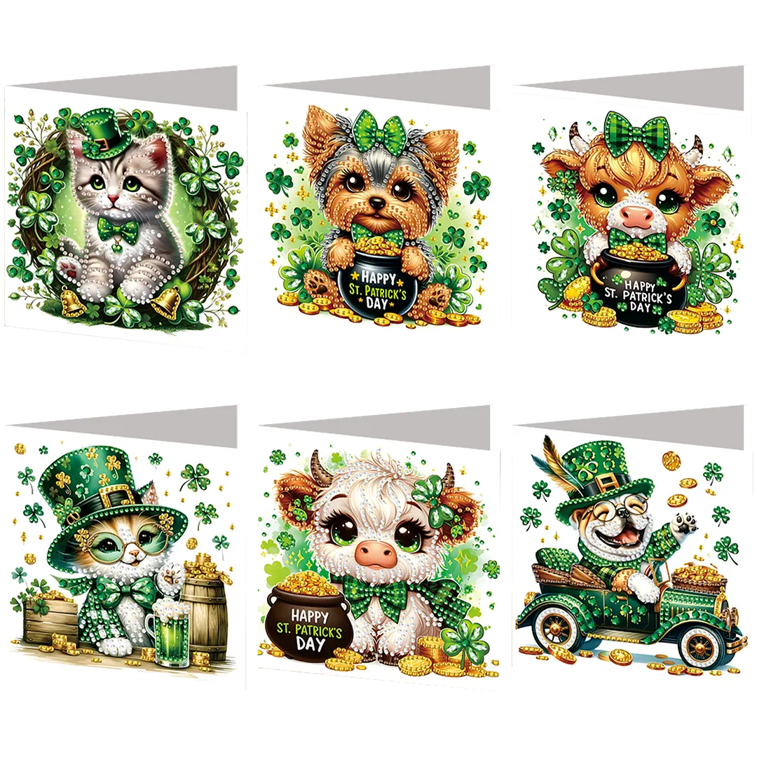 6Pcs St.Patrick Day Animals DIY Diamond Painting Greeting Card Set with Envelopes Diamond Art Handmade Cards for Beginner Adult Holiday Gifts