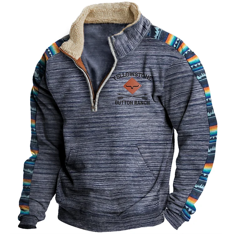 Men's Vintage Western Yellowstone Colorblock Zip Stand Collar Sweatshirt 085b