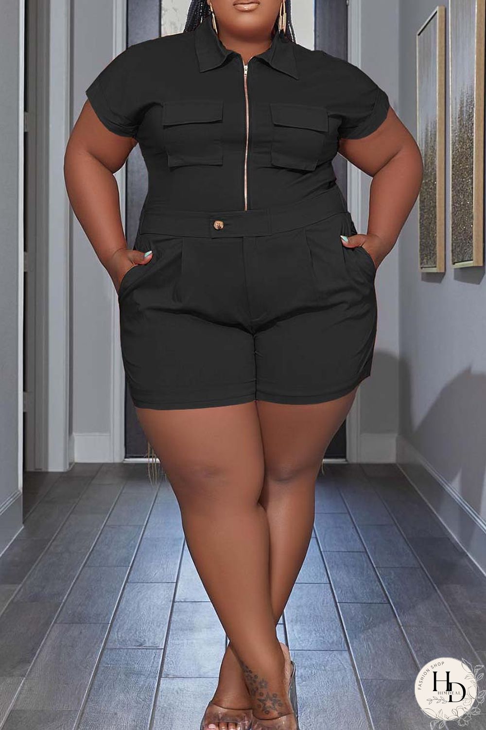 Black Casual Solid Patchwork Turndown Collar Plus Size Two Pieces