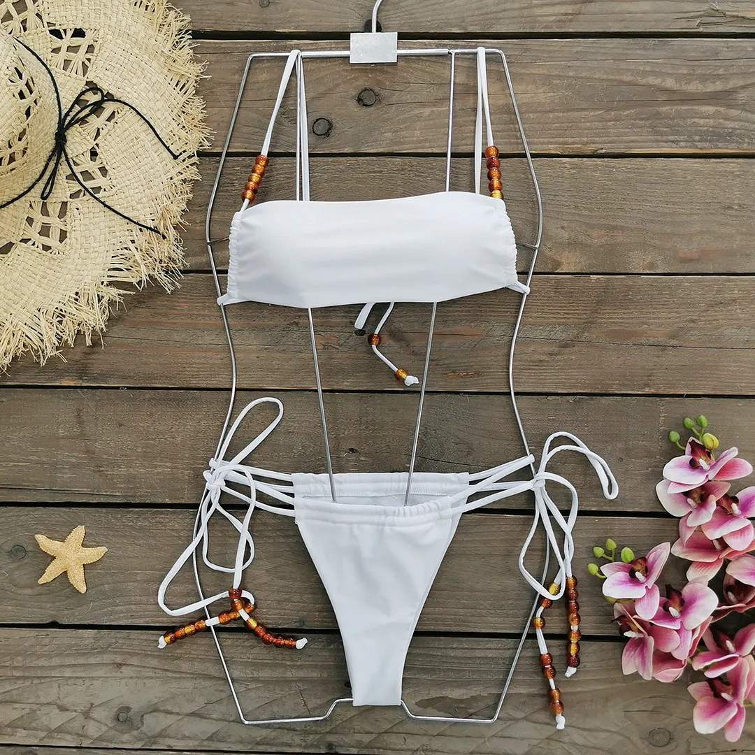 Uveng Blow-Bender Solid Beaded Split Swimsuit Women 2025 New Bikini Sexy Low-Waisted Bikini