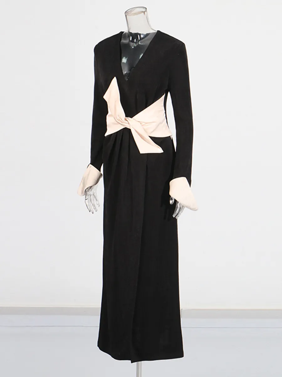 Brownm Famous Wind Dress Women 2025 Spring New Temperament Elegant Fashion Collage Collage Bow V-Neck Dress