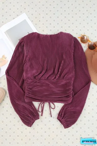 Drawstring V-Neck Balloon Sleeve Blouse
