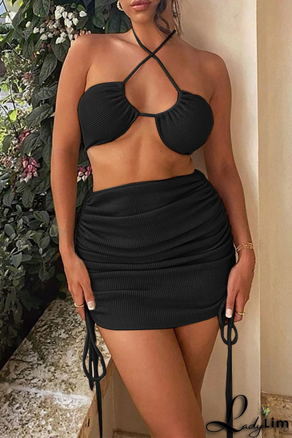 Green Fashion Sexy Solid Bandage Draw String Frenulum Backless Halter Sleeveless Two Pieces