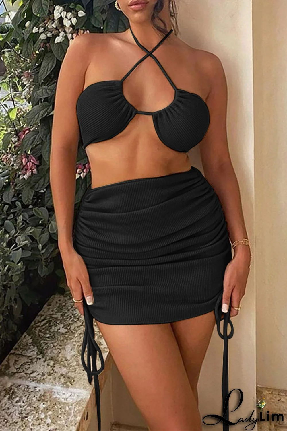 Green Fashion Sexy Solid Bandage Draw String Frenulum Backless Halter Sleeveless Two Pieces