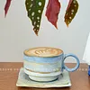 Retro Handmade Cartoon Style Blue and White Purple Clay Coffee Cup and Saucer