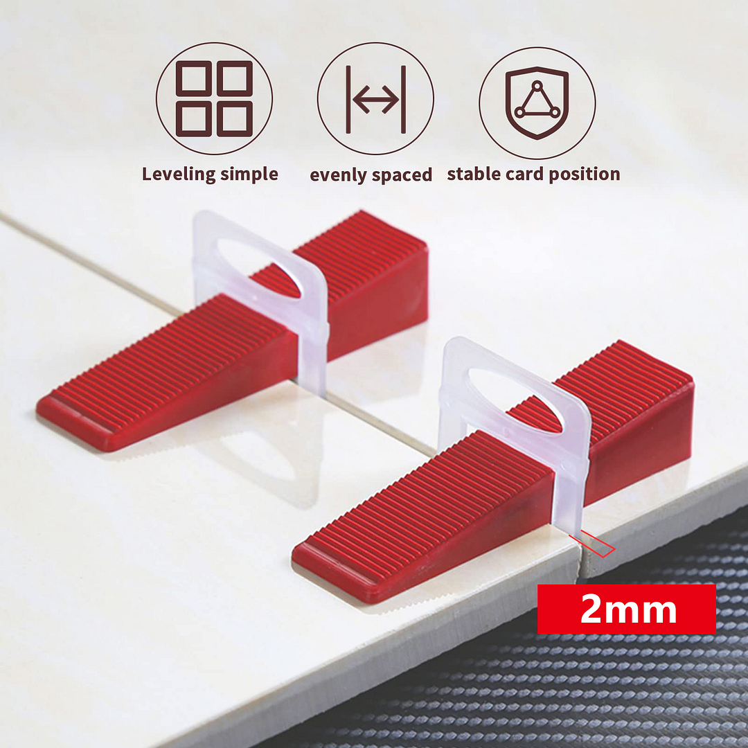 مجموعة نظام تسوية البلاط مع زرادية واحدة للبلاط، و200 قطعة من مشابك فواصل البلاط مقاس 2 مم و100 قطعة من إسفين مستوى البلاط القابل لإعادة الاستخدام
