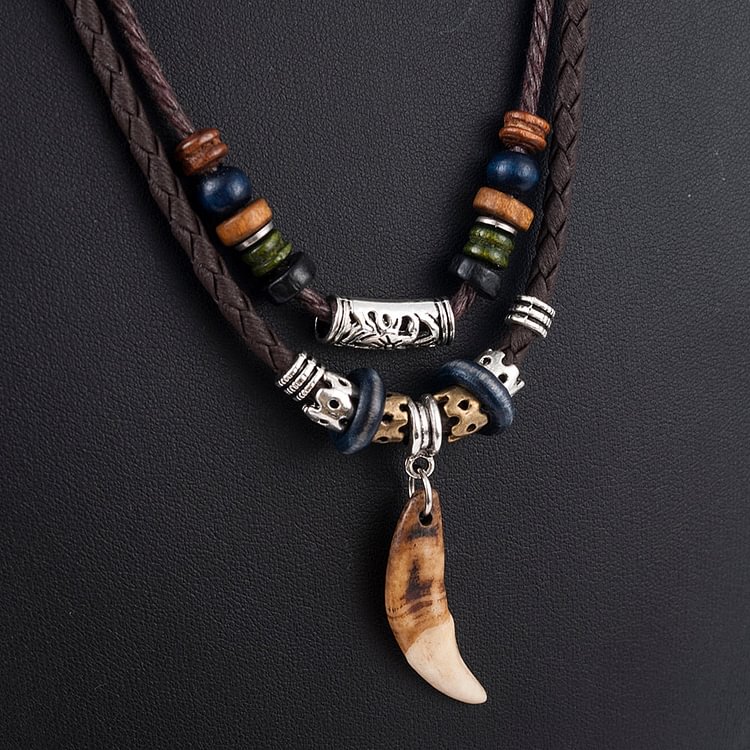 YOY-Men's Bohemia Tooth Pendant  Leather Beaded Weaved Necklace