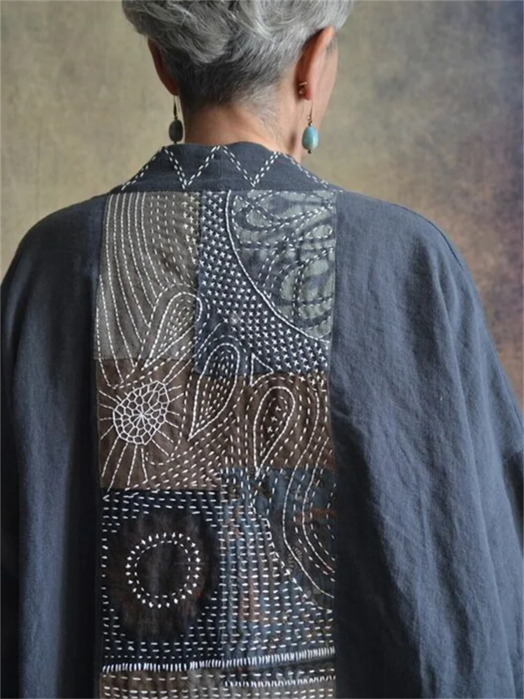 Colorblock Embroidered Japanese Sashiko Art Linen Blend Kimono Cardigan