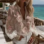 Women's Vintage Floral Art Print V-neck Long Sleeve T-shirt - Image 2