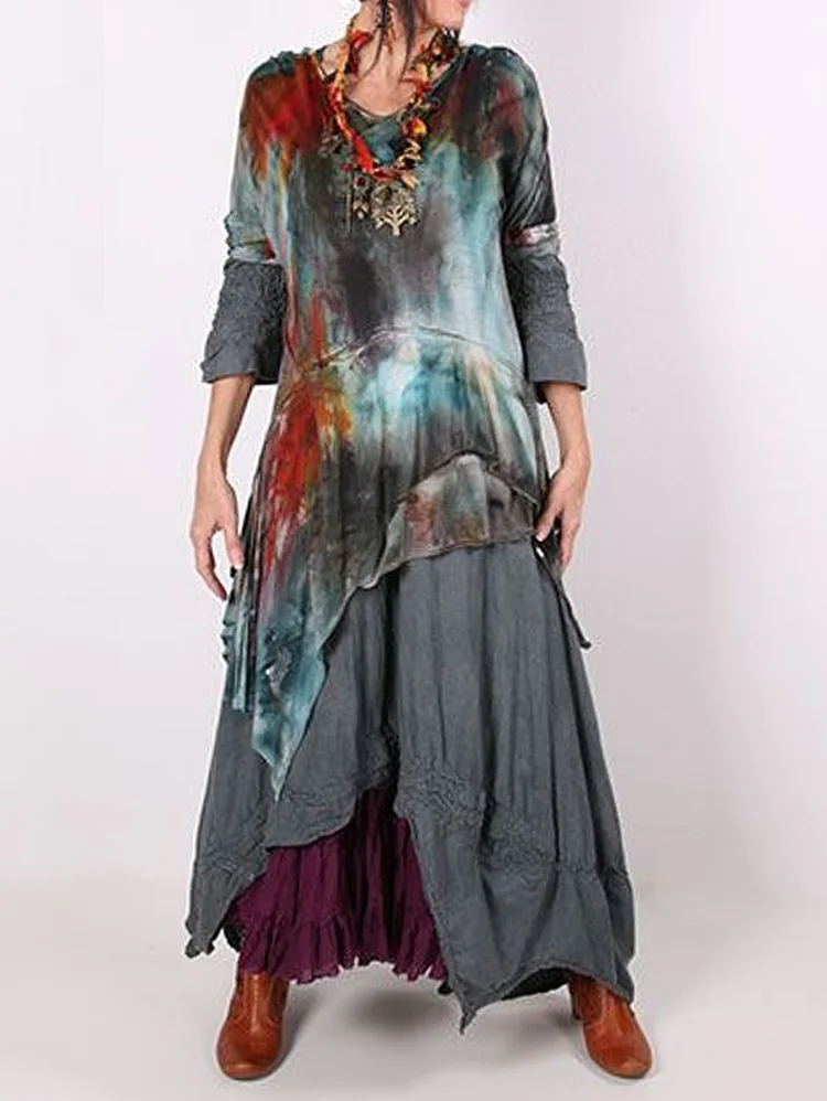 Vintage Round Neck Layered Irregular Hem Dress