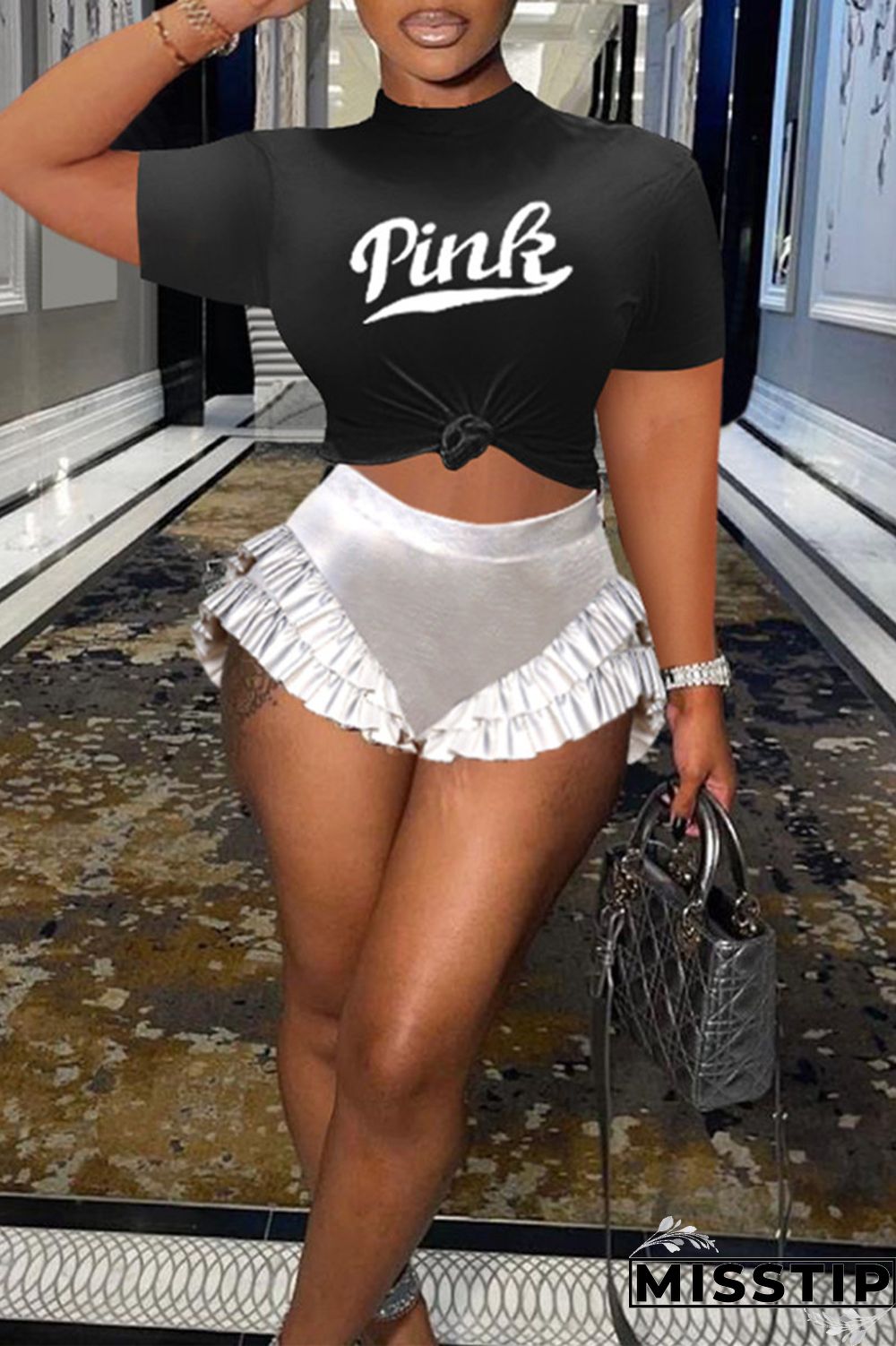 Black Fashion Casual Letter Print Basic O Neck Short Sleeve Two Pieces