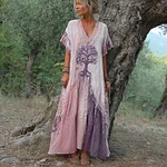 Women's Retro Tree Of Life Art Patchwork Short Sleeve Dress - Image 6