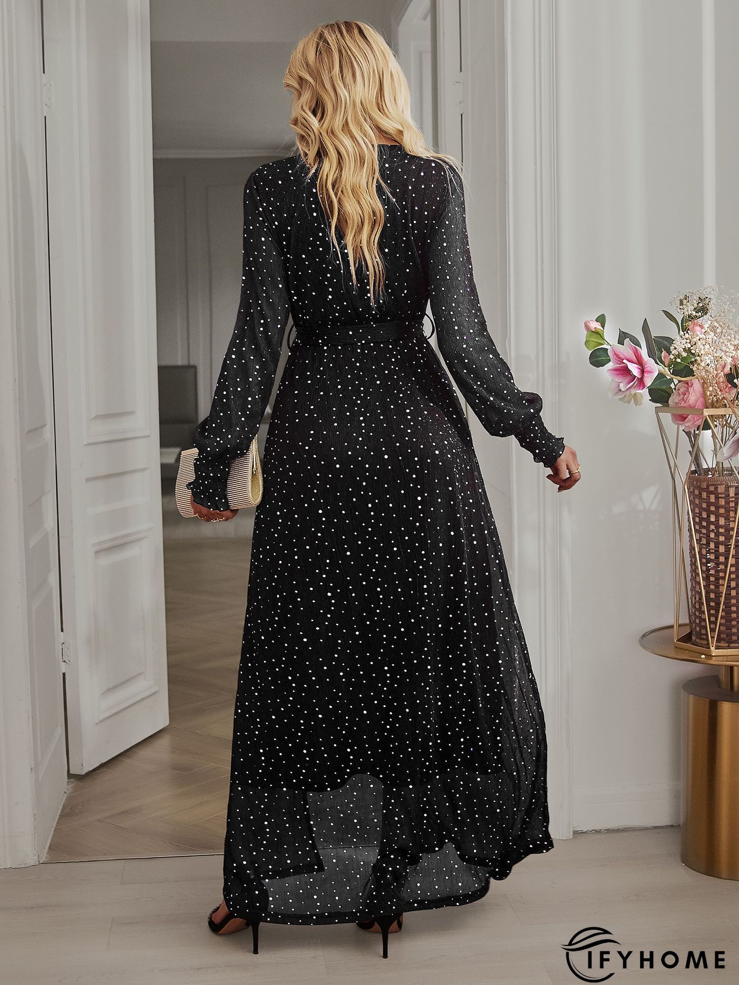 Party Solid Sequins V Neck Evening Dress Dresses | IFYHOME